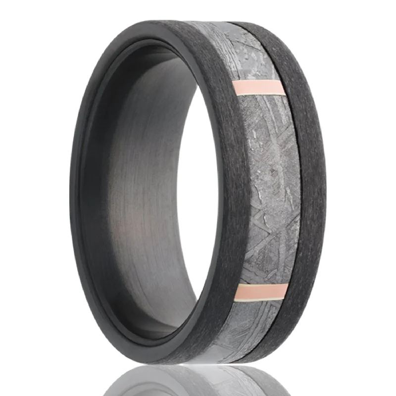 Elegant wedding rings for women-Meteorite & 14k Rose Gold Inlay Satin Zirconium Wedding Band