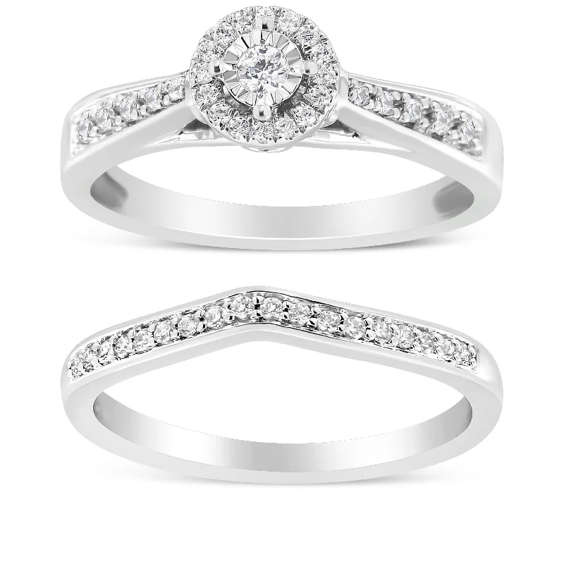 Unique engagement rings for women-.925 Sterling Silver 1/3 Cttw Diamond Halo and Pave Shank Engagement Ring Set