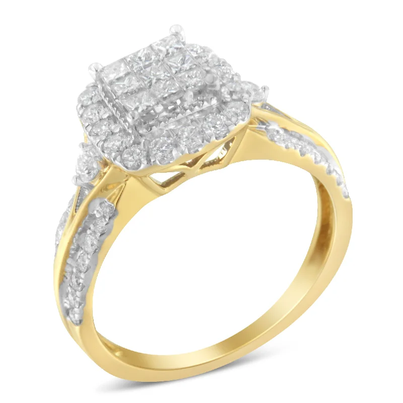 Stunning emerald-cut engagement rings-10K Yellow Gold 1.0 Cttw Diamond Composite Cushion-Shape Halo 3-Band-Look Engagement Ring