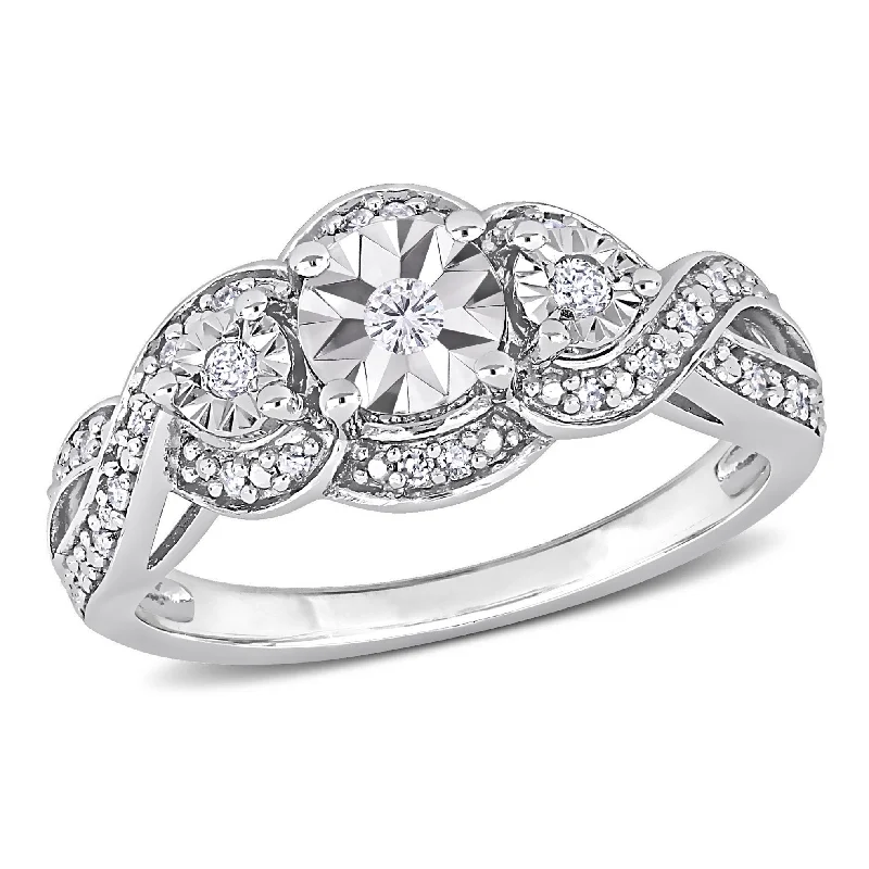 Engagement rings with fancy color diamonds-Miadora 1/5ct TDW Diamond 3-Stone Halo Infinity Crossover Engagement Ring in Sterling Silver