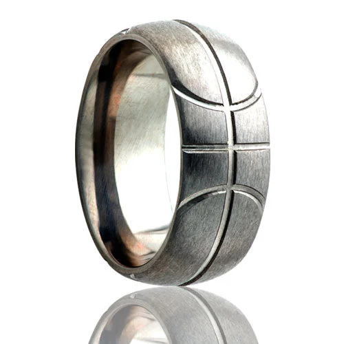 Custom-designed rings for ladies-Basketball Pattern Domed Satin Finish Titanium Wedding Band