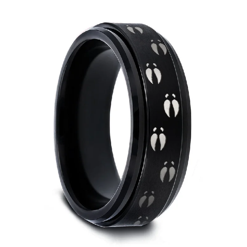 Simple and classic rings for women-Deer Track Spinner Black Tungsten Wedding Band