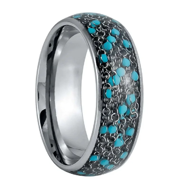 Luxury diamond rings for women-Blue Chain Link Inlay Tungsten Men's Wedding Band