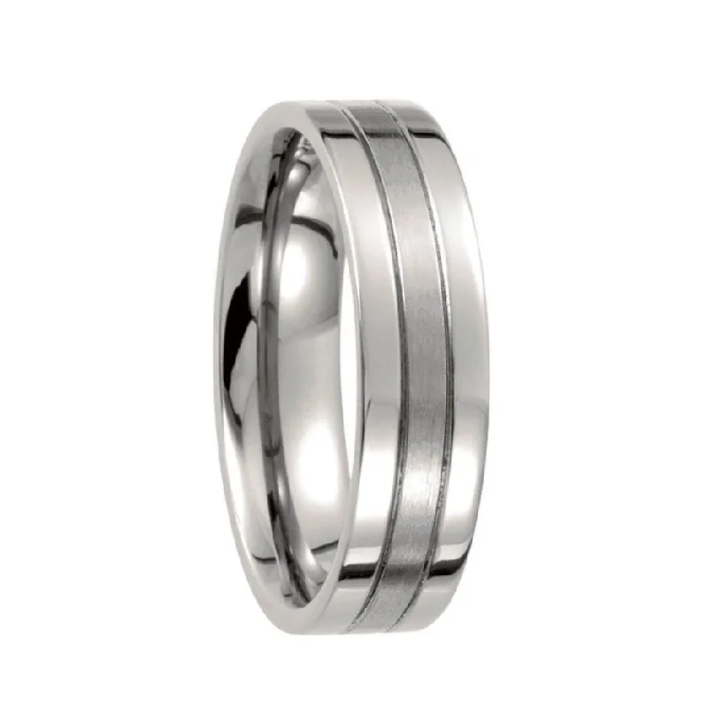 Wedding rings for women with unique designs-Grooved Satin Center Titanium Men's Wedding Band