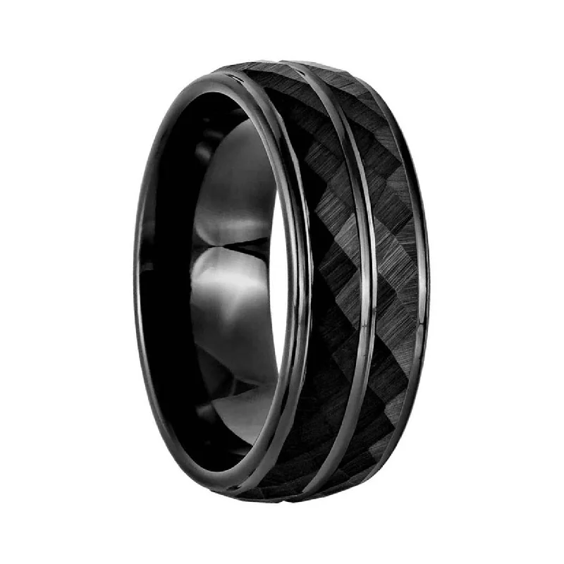 Gold band rings for women-Geometric Faceted Black Tungsten Men's Wedding Band with Center Groove