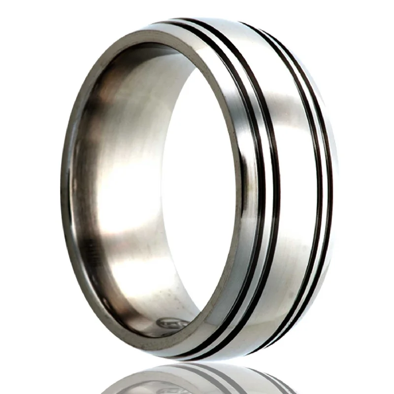 Sparkling rings for women with diamonds-Domed Titanium Wedding Band with Quadruple Grooves