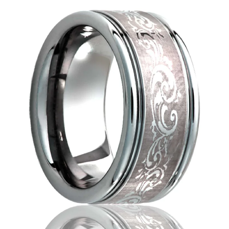 Elegant silver rings for women with diamonds-Swirl Pattern Grooved Titanium Wedding Band