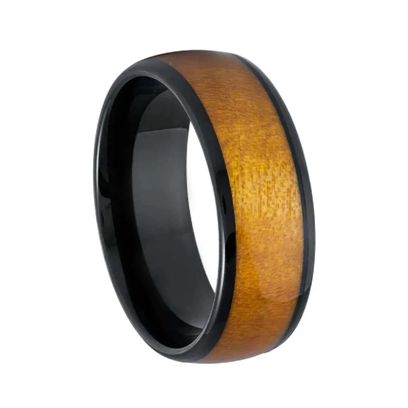 Modern engagement rings for women-Wood Inlaid Domed Black Tungsten Men's Wedding Band