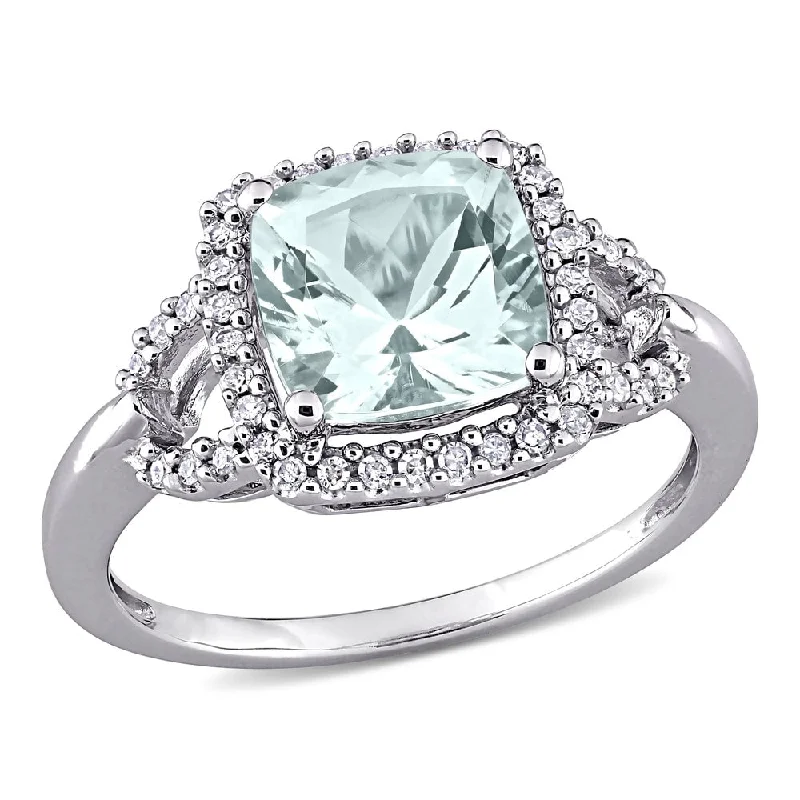 Customizable engagement rings for women-Miadora 10k White Gold Cushion-cut Aquamarine and 1/6ct TDW Diamond Halo Engagement Ring