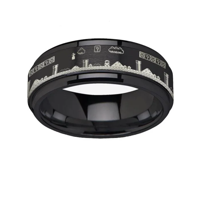 Stunning vintage rings for women-Super Mario Bros Engraved Spinner Black Tungsten Wedding Band