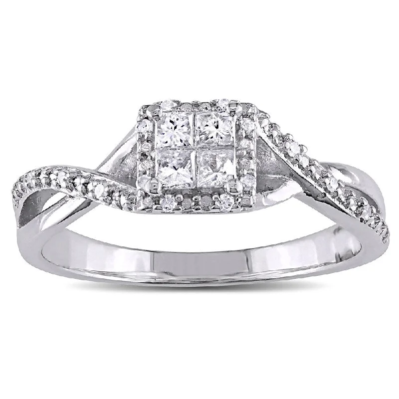 Engagement rings with unique band designs-Miadora Sterling Silver 1/4ct TDW Princess-cut Diamond Crossover Halo Engagement Ring