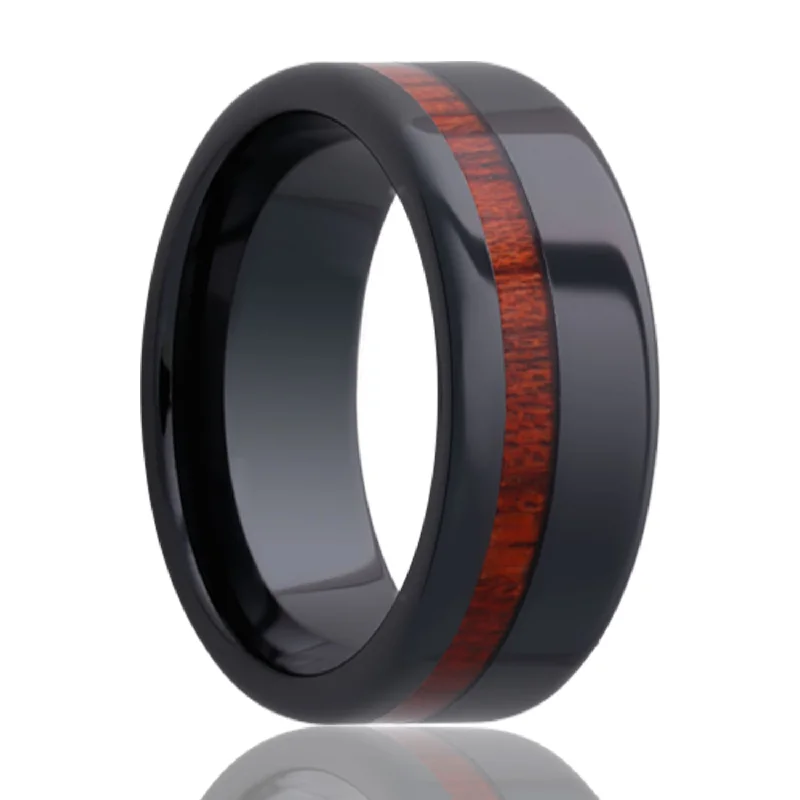 Stunning pearl rings for ladies-Blood Wood Inlaid Ceramic Wedding Band