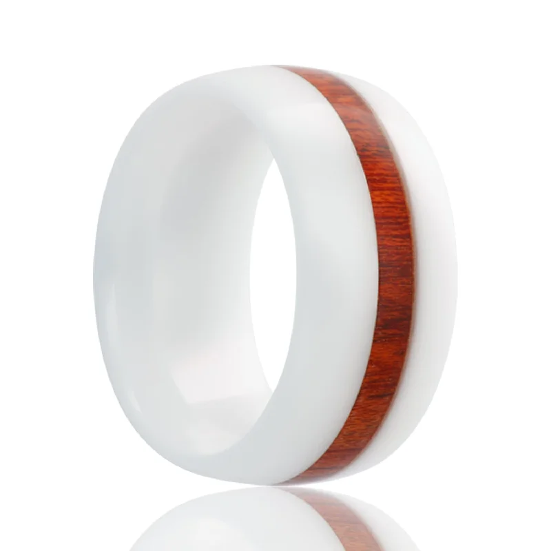 Women’s rings with oval diamonds-Blood Wood Inlay Domed White Ceramic Wedding Band