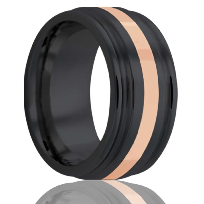 Unique promise rings for women-14k Rose Gold Inlay Grooved Zirconium Wedding Band