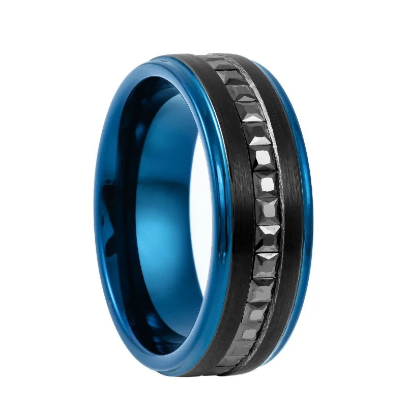 Classic diamond rings for women-Black Tungsten Men's Wedding Band with Blue Edges and Square Black Cubic Zirconia