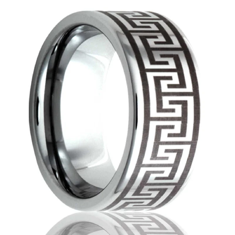 Personalized rings for women with diamonds-Greek Key Engraved Titanium Wedding Band