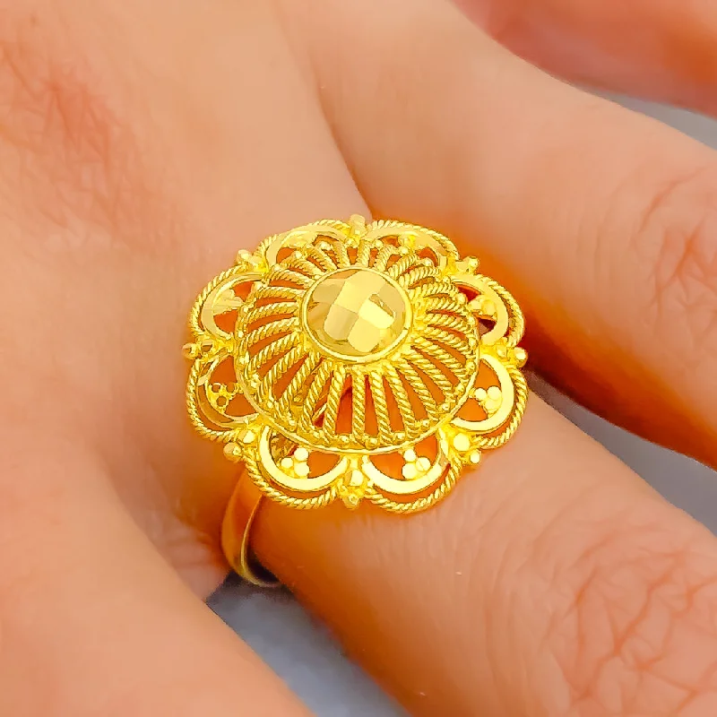 Elegant wedding rings for women-Modish Striped Flower 22K Gold Ring