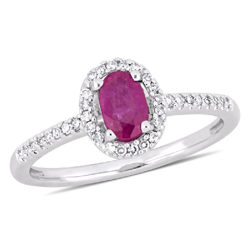 Engagement rings with teal sapphire-Miadora 10k White Gold Ruby and 1/8ct TDW Diamond Halo Engagement Ring