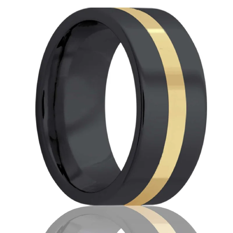 Women’s rings with gold plating-14k Yellow Gold Inlaid Zirconium Wedding Band