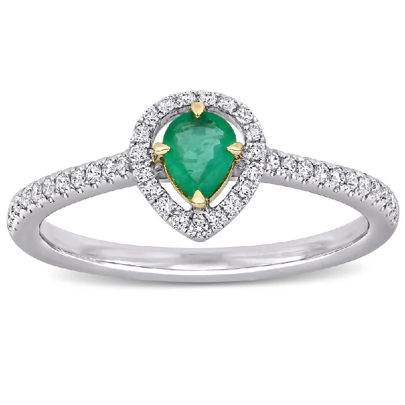 Silver engagement rings for women-Miadora 14k White Gold Emerald and 1/5ct TDW Diamond Teardrop Halo Engagement Ring