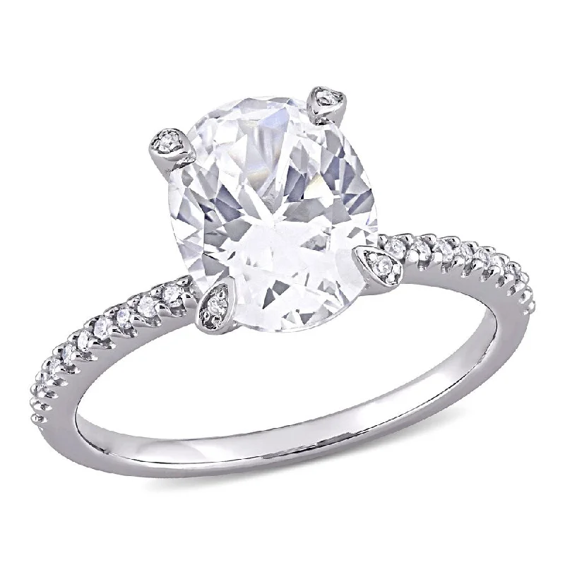 Simple and elegant engagement rings-Miadora 10k White Gold Oval-Cut Created White Sapphire and 1/10ct TDW Diamond Engagement Ring