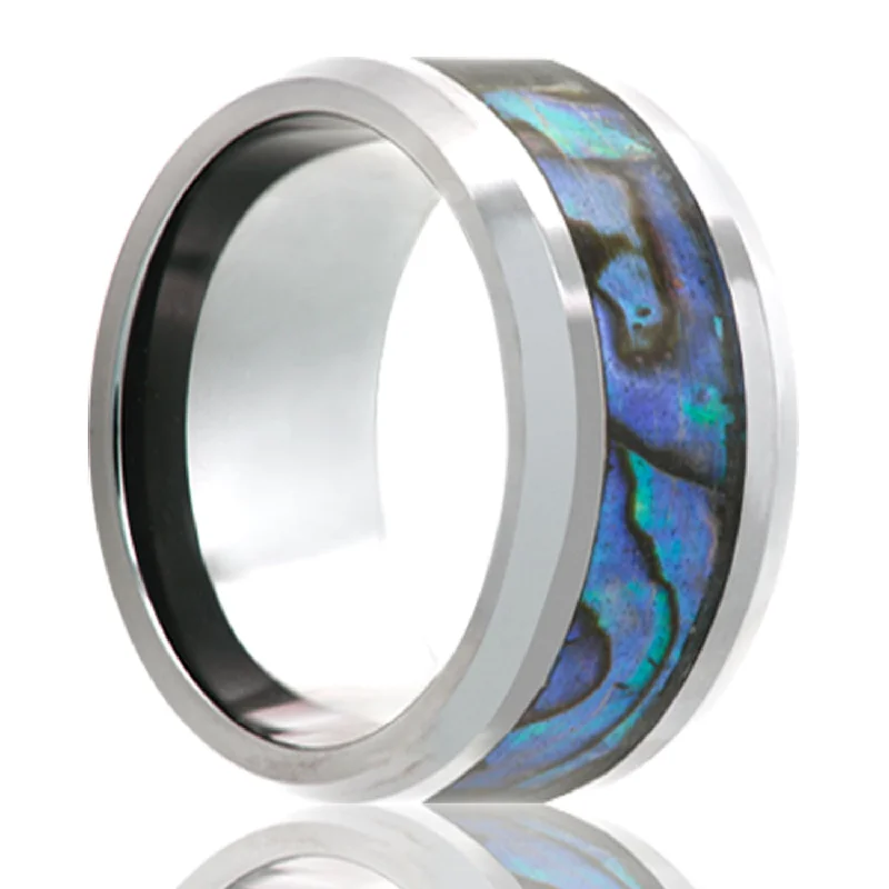 Rose gold rings for women with diamonds-Abalone Inlay Cobalt Wedding Band with Beveled Edges