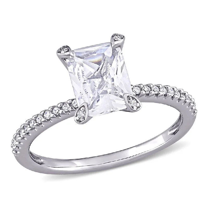 Minimalist engagement rings for women-Miadora 10k White Gold Octagon-Cut Created White Sapphire and 1/10ct TDW Diamond Engagement Ring