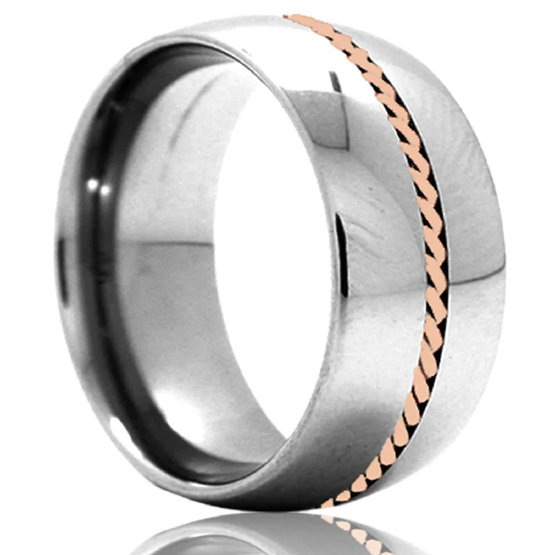 Women’s gemstone rings with blue stones-Hand Woven 14k Rose Gold Inlay Domed Tungsten Wedding Band