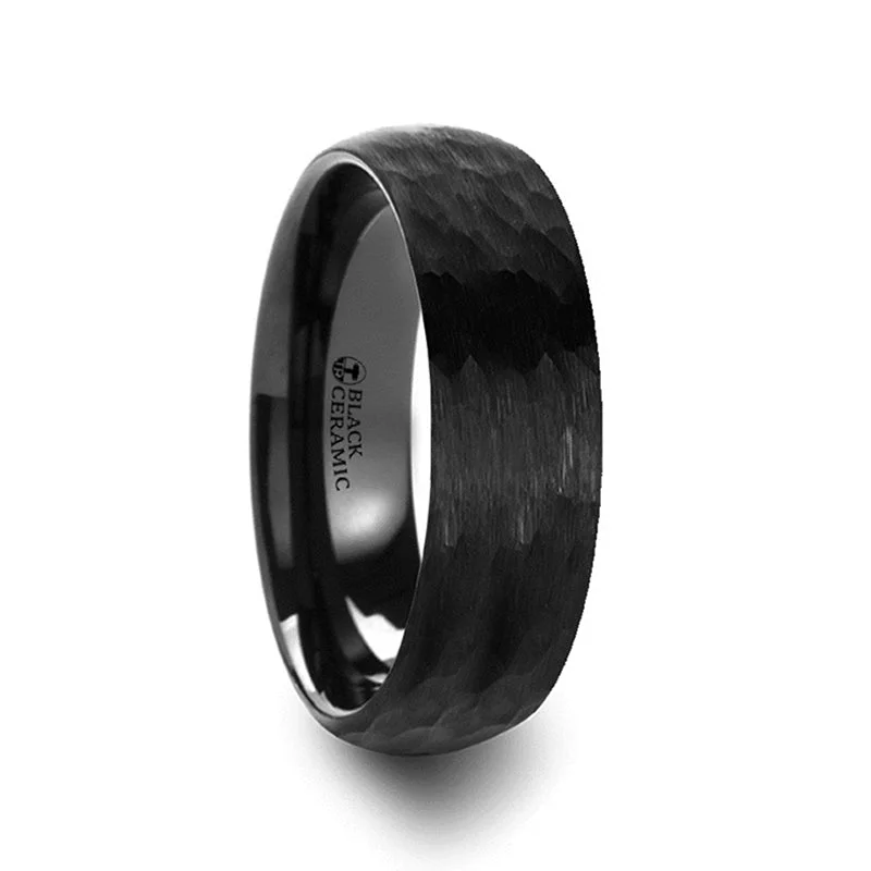 Stylish rings with pave diamonds for women-Domed Hammered Black Ceramic Men's Wedding Band