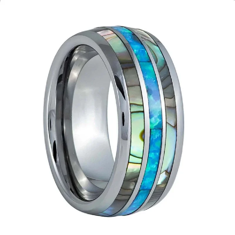 Affordable wedding rings for women-Abalone & Blue Opal Inlay Tungsten Men's Wedding Band