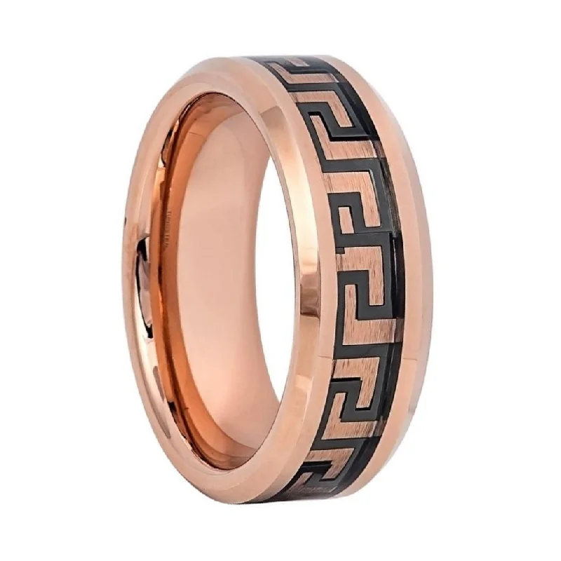 Women’s rings with oval gemstones-Rose Gold Tungsten Men's Wedding Band with Greek Key Design