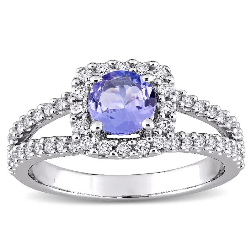 Engagement rings with contrasting stones-Miadora 14k White Gold Tanzanite and 1/2ct TDW Diamond Halo Split Shank Engagement Ring