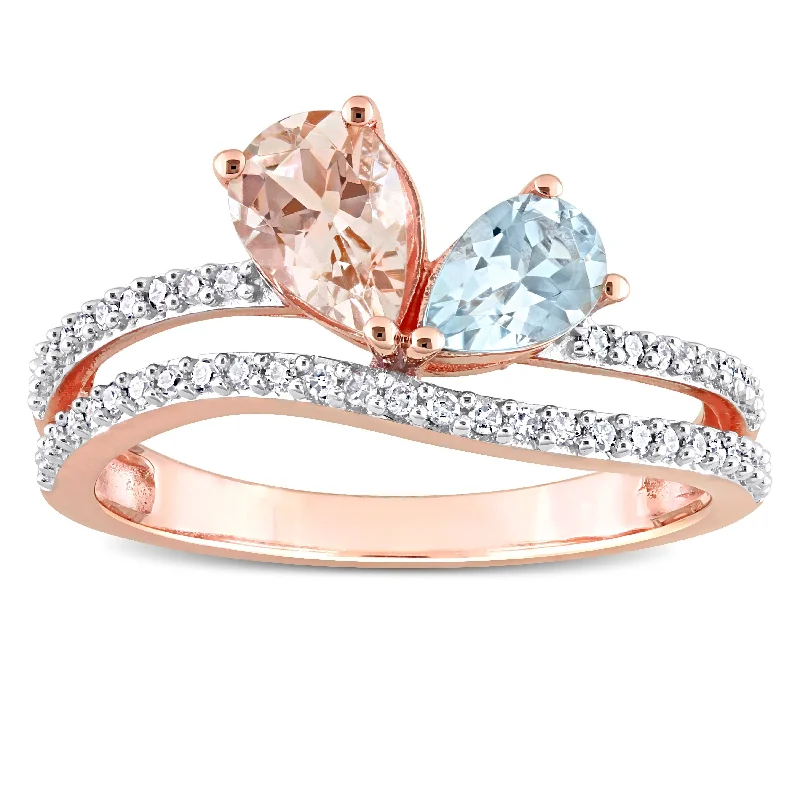 Custom diamond engagement rings-Miadora Pear shape Morganite, Aquamarine and 1/4ct TDW Diamond Open Engagement Ring in 10k Rose Gold