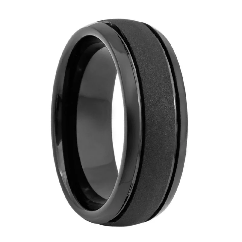 Fashion rings for women with colored stones-Grooved Sandblasted Black Tungsten Men's Wedding Band