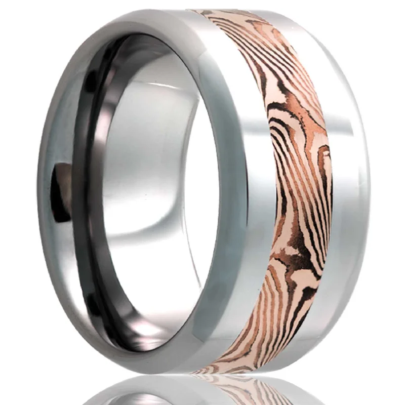 Stunning diamond engagement rings for women-14k Rose Gold & Shakudo Mokume Gane Inlay Tungsten Wedding Band with Beveled Edges