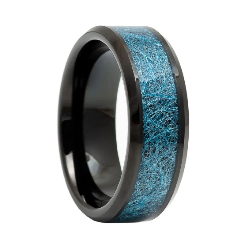 Custom-designed rings for ladies-Black Tungsten Men's Wedding Band with Blue Imitation Meteorite Inlay