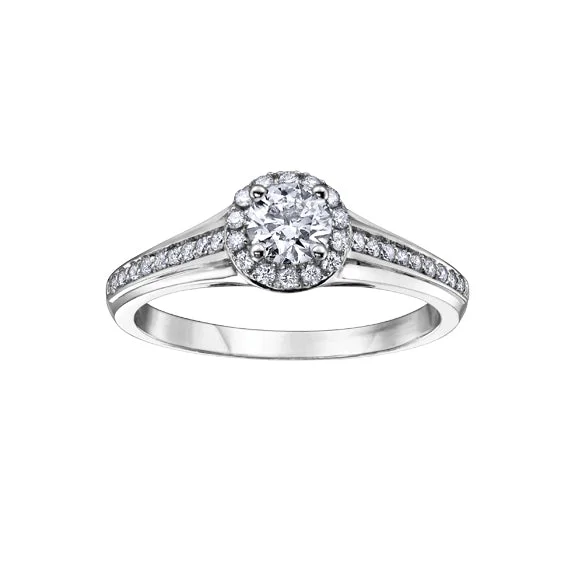 Engagement rings with unique band designs-14kt White Gold Round Halo Canadian Diamond Engagement Ring