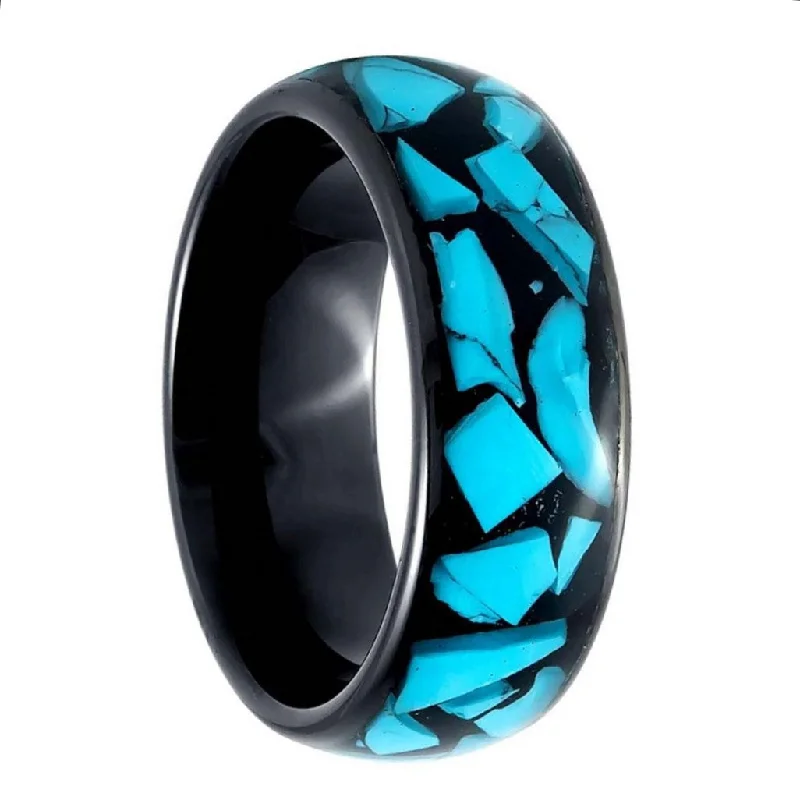 Personalized birthstone rings for women-Black Tungsten Men's Wedding Band with Turquoise Inlay