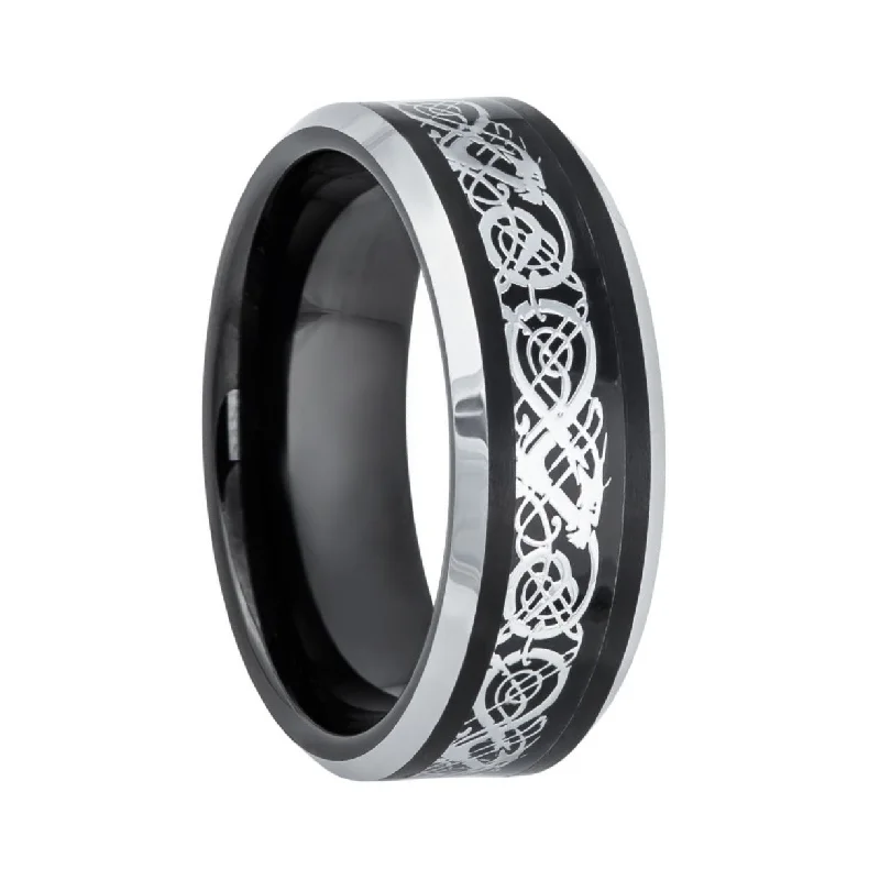 Vintage-style rings with intricate details-Black Tungsten Men's Wedding Band with Silver Celtic Dragon Inlay