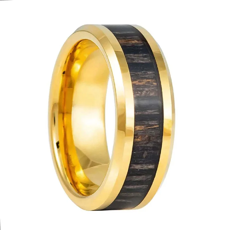 Stunning pearl rings for ladies-Zebra Wood Inlay Gold Tungsten Men's Wedding Band