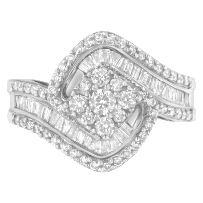 Platinum engagement rings for women-14K White Gold 1.0 Cttw Baguette & Brilliant-Cut Diamond Round Floral Cluster Engagement or Fashion Ring with Swirl Wrapped Triple Row Band