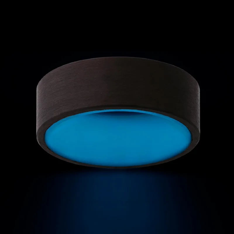 Unique rings with multicolor stones for women-Glow in the Dark Carbon Fiber Wedding Band with Contrasting Blue Center