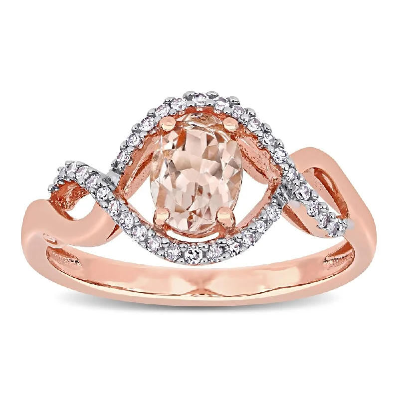 Gold engagement rings for women-Miadora 10k Rose Gold Morganite and 1/6ct TDW Diamond Halo Crossover Engagement Ring