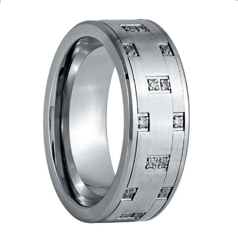 Vintage-style rings for ladies-Square Pattern Cubic Zirconia Tungsten Men's Wedding Band